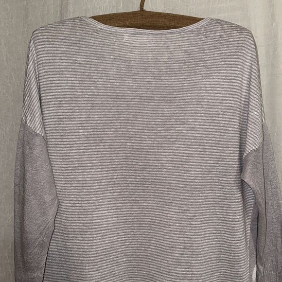 Beach Club S Linen Lightweight Crewneck Sweater Gray White Polka Stripes - Picture 4 of 13